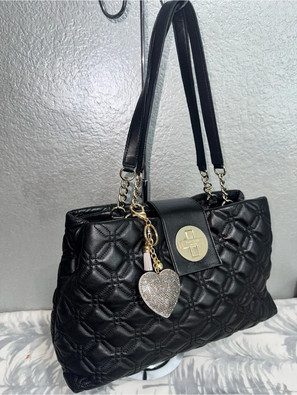 kate spade Black Quilted Shoulder Bag with Gold Hardware and Heart Charm